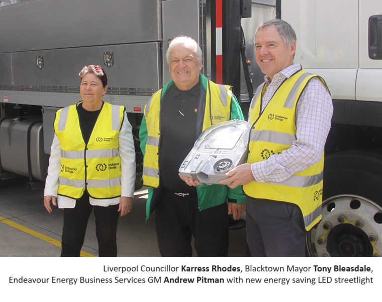 Liverpool Councillor Karress Rhodes, Blacktown Mayor Tony Bleasdale, and Endeavour Energy Business Services GM Andrew Pitman with a new energy saving LED streetlight